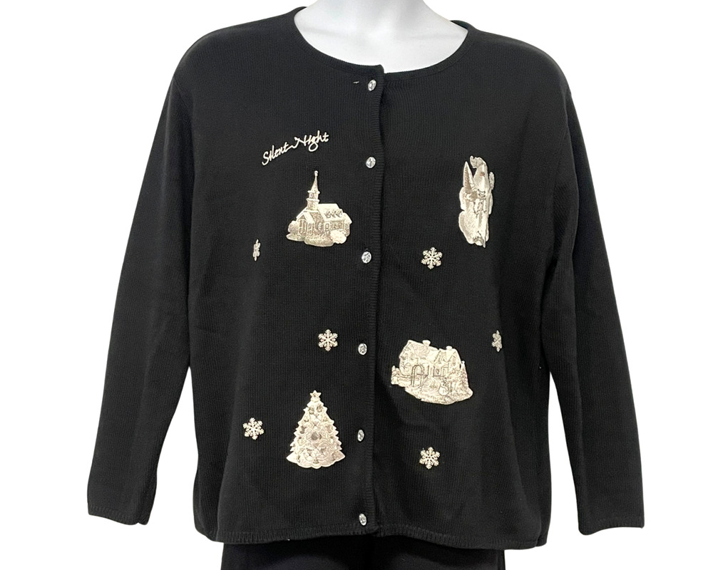 Vtg Y2K Tia Sz 1X Knit Cardigan Ugly Christmas Sweater Black Silver Embellished